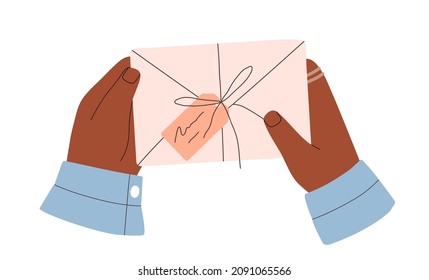 Paper envelope with label in hands of black person. Human hold letter and gift certificate tied with string. Handwritten correspondence. Flat vector illustration of mail isolated on white background