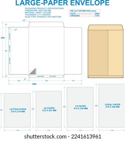 Paper Envelope (Large). Material: Kraft-125 gsm. Dimensions: 395 x 290 mm (Eps file scale 1:1). 2D: Real illustrations. 3D Box: Illustration only. Equipped die cut estimates prepared for production.