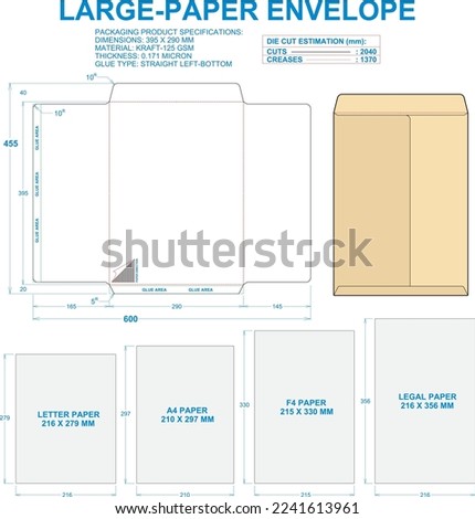 Paper Envelope (Large). Material: Kraft-125 gsm. Dimensions: 395 x 290 mm (Eps file scale 1:1). 2D: Real illustrations. 3D Box: Illustration only. Equipped die cut estimates prepared for production.