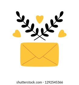 Paper envelope, leaves, and hearts vector hand drawn illustration. Doodles illustration for Happy Valentine's Day postcard