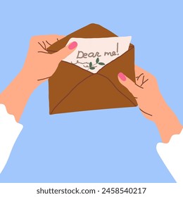 Paper envelope , a letter in the hands of a man. Handwritten correspondence. Flat vector illustration of mail isolated on white background