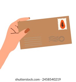 Paper envelope , a letter in the hands of a man. Handwritten correspondence. Flat vector illustration of mail isolated on white background
