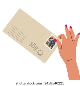 Paper envelope , a letter in the hands of a man. Handwritten correspondence. Flat vector illustration of mail isolated on white background