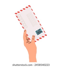 Paper envelope , a letter in the hands of a man. Handwritten correspondence. Flat vector illustration of mail isolated on white background