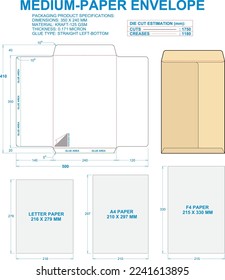 Paper Envelope (Medium). Material: Kraft-125 gsm. Dimensions: 350 x 240 mm (Eps file scale 1:1). 2D: Real illustrations. 3D Box: Illustration only. Equipped die cut estimates prepared for production.
