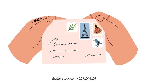 Sobre de papel con sellos postales en las manos. La persona en espera de detención recibió cartas escritas a mano del extranjero. Concepto de correspondencia internacional. Ilustración vectorial plana del correo aislado en fondo blanco