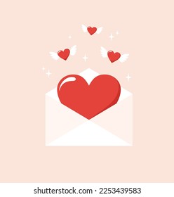 Paper envelope with red heart inside and flying winged hearts on beige background. Flat vector illustration