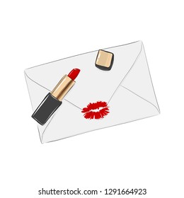 Paper envelope with red lips stamp on it. Romantic Valentines illustration. Red lipstick cosmetic illustration with love letter greeting card