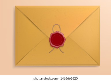 Paper envelope with red wax and rope. Ancient vintage mail message. Vector illustration.