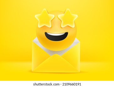 Paper envelope with smiling emoji. 3d vector illustration

