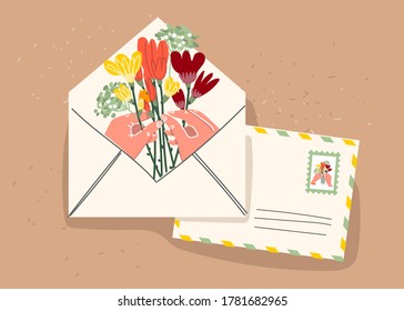 Paper envelope with stamps and decorative elements on an isolated background. Stylish brands. The letters on the table with flowers and kancelaria. Holiday cards. Mail. Flat illustration. Vector.