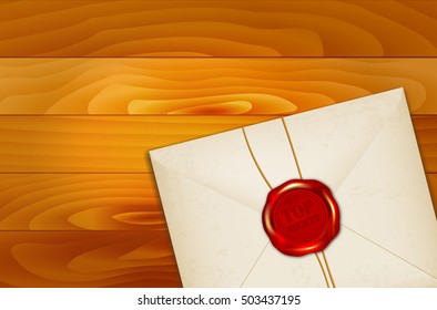 Paper envelope with TOP SECRET wax seal on wooden background - vector illustration