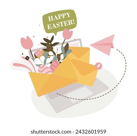 Paper envelopes filled with spring flowers, tulips, leaves flying out of computer screen. Floral invitation with eggs and bunny ears. Easter vector illustration template.