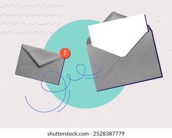 Paper envelopes with a note indicating that the letter has been read and paper sheet. Modern collage vector illustration