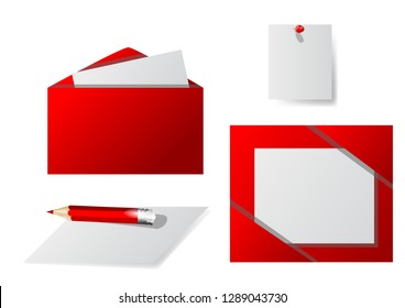 paper, envelopes and a pencil isolated on white background