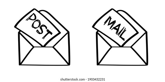 Paper envelopes. Post box or post office sign. Inbox, mail icon. Vector postcard, envelope symbol. Cartoon letter mail open. Message open