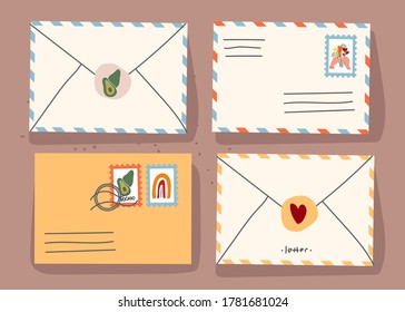 Paper envelopes with stamps and decorative elements on an isolated background. Stylish brands. Letters in paper envelopes. Holiday cards. Mail. Flat illustration. Vector.