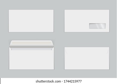Paper envelopes with transparent window realistic mock ups set. Letters with gummed closure, open and closed. Front and back view. Empty blank vector envelopes illustration isolated on grey background