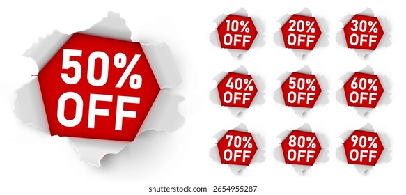 Paper explosion 10 Percent Off. Ripped paper. Mega Sale Banner. Vector illustration.