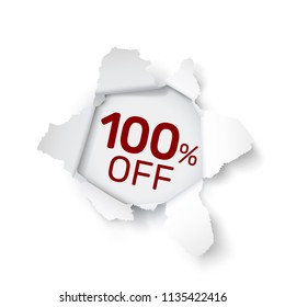 Paper explosion banner 100 off with share discount percentage. Vector illustration