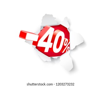 Paper explosion banner 40 off with share discount percentage. Vector illustration