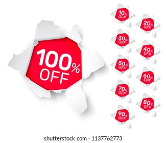 Paper explosion banner collection off with share discount percentage. Vector illustration