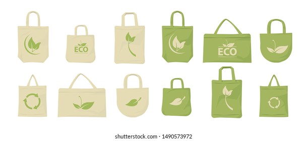 Paper and fabric bag big set with Eco logo. Stop using disposable polythene package Vector cartoon illustration.