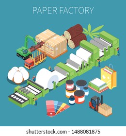 Paper Factory Isometric Background With Raw Wood Materials Conveyor For Pressing Paper And Finished Production Vector Illustration