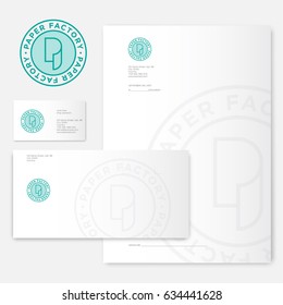 Paper factory logo. P monogram. Roll of paper logo and identity. Envelope, letterhead, letter, and business cards.