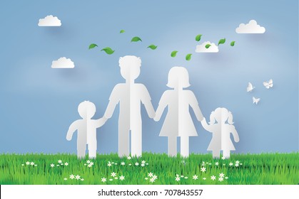 Paper family on the grass field, paper art and  digital craft style.