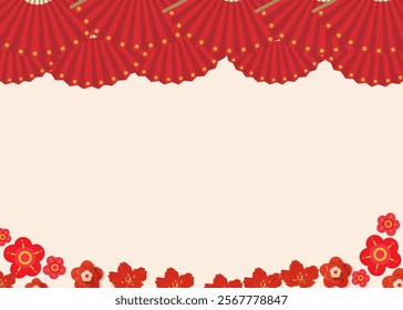 Paper Fan and Flower china  Decoration Style for Happy Chiness New Year Festival. Chinese lantern festival. Realistic 3d design. Horizontal poster, greeting card, headers website vector illustration 