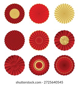 Conjunto de decoración de roseta de abanico de papel. Abanicos plegables orientales redondos de Vector rojo y oro para fondo de vacaciones de año Nuevo chino