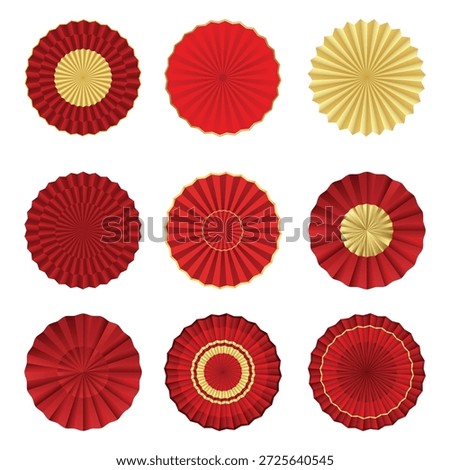 Paper fan rosette decoration set. Vector red and gold oriental round folding fans for Chinese New Year holiday background