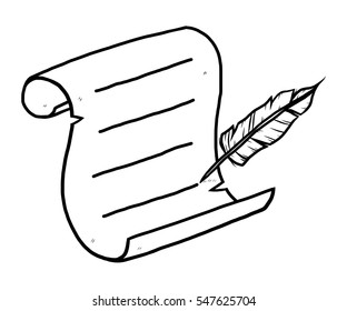paper and feather / cartoon vector and illustration, black and white, hand drawn, sketch style, isolated on white background.