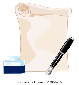 Paper and feather with ink on white background is insulated