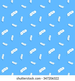 Paper feathers with a shadow on a blue background, seamless pattern