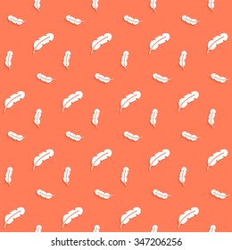 Paper feathers with a shadow on a orange background, seamless pattern