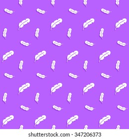 Paper feathers with a shadow on a purple background, seamless pattern