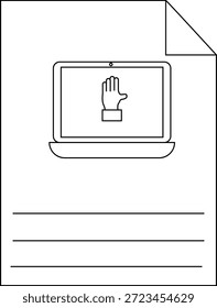 A paper features a laptop displaying a hand lines for writing and a folded corner