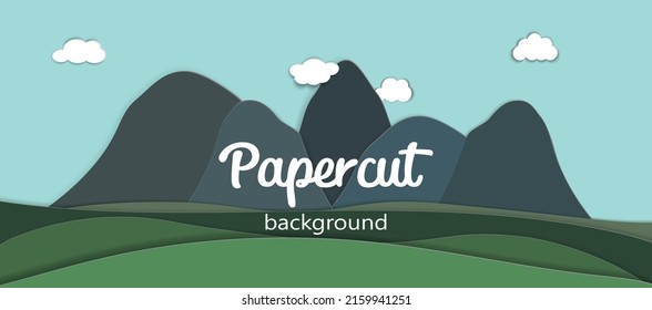 Paper Field Landscape. Papercut Landscape With Green Hills And Blue Sky And Clouds. 3d Effect Nature. Ecology Green Background. Vector Illustration