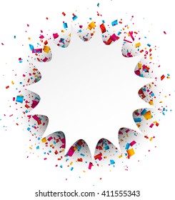 Paper figured white background with color confetti. Vector illustration.