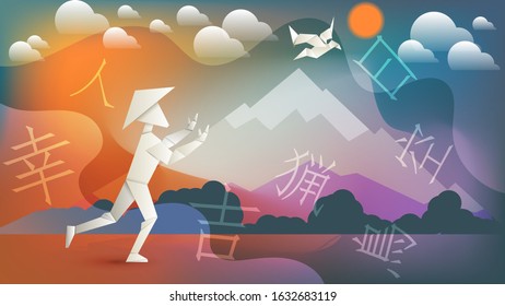 paper figurine of a man catching a bird on a background of hieroglyphs and abstract forest, mountains, sky with the sun and clouds. Japanese wallpaper. vector