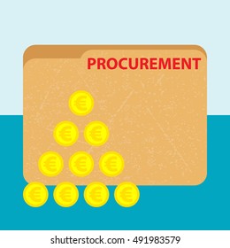 paper file folder with red title procurement and a  pile of gold euro coins on the blue background - vector business picture - flat design