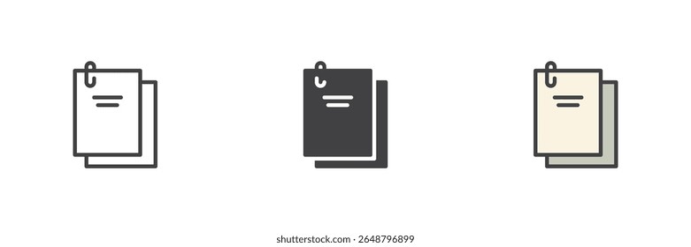 Paper file line icon, solid and filled outline colorful icon set featuring paper document file outline, solid paper icon and filled outline file icon as color vector sign symbol.