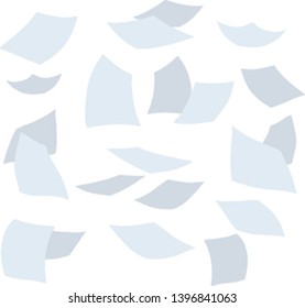 Paper files of documents fall down. Flying sheets. Blank sheet. Office element. Thrown object. White trash. Cartoon flat illustration