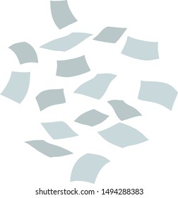 Paper files of documents fall down. Flying sheets. Blank sheet. Thrown object. White trash. Cartoon flat illustration. Office element