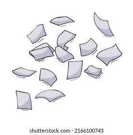 Paper files of documents fall down. Flying sheets. Blank sheet. Office element. Thrown object. White trash. Cartoon outline illustration