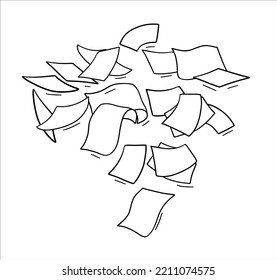 Paper files of documents fall down. Flying sheets. Blank sheet. Office element. Thrown object. White trash. Cartoon outline illustration