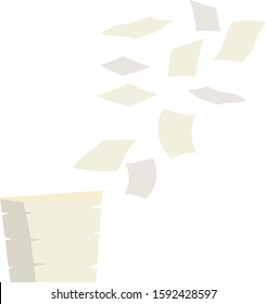 Paper files fall down. Flying sheets. Blank sheet. Thrown object. White trash. Cartoon flat illustration. Stack and pile of documents. Office element.
