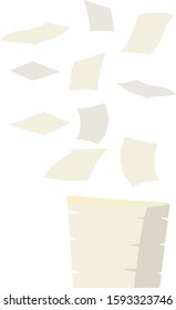 Paper files fall down. Flying sheets. Blank sheet. Thrown object. White trash. Cartoon flat illustration. Stack and pile of documents. Office element.